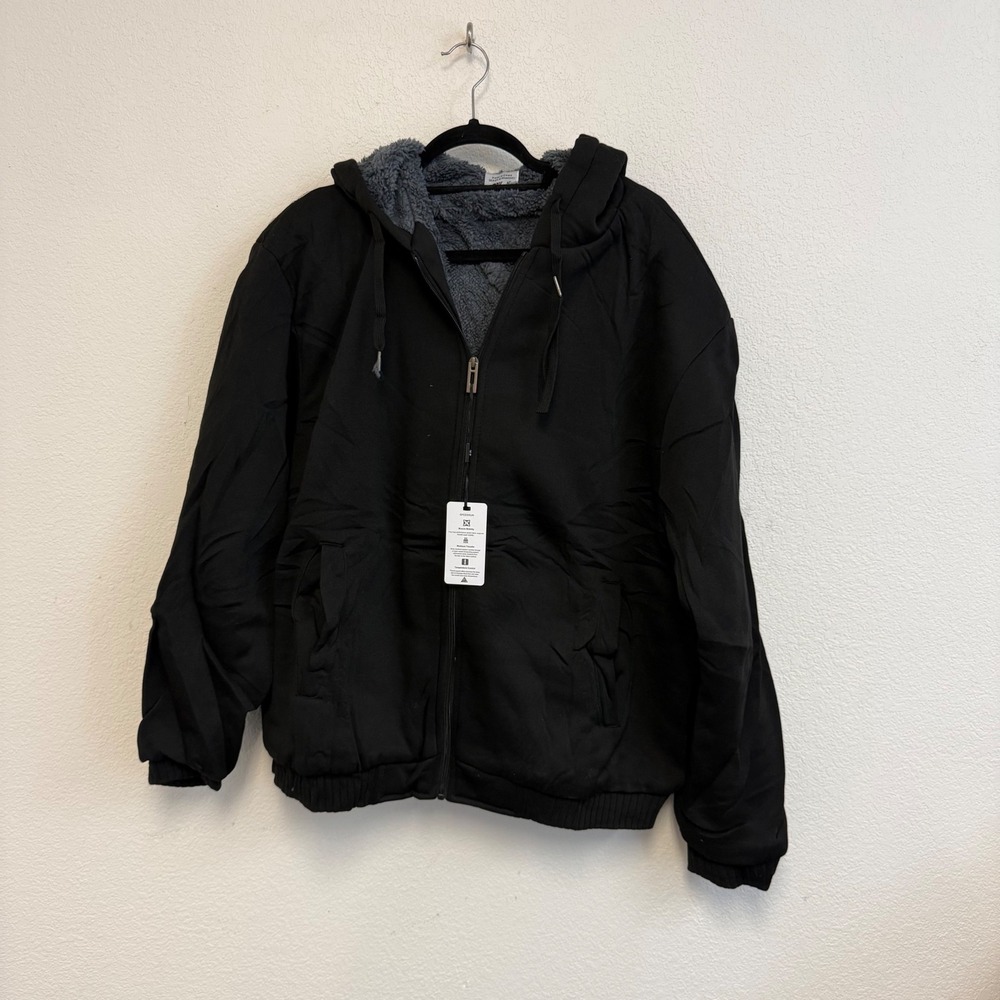ZITY Men's XL Black Hooded Fleece‎ Lined Winter Jacket Full Zip NWT Polyester